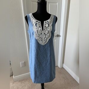 Eliza J Blue Sleeveless Shift Dress with White Crochet